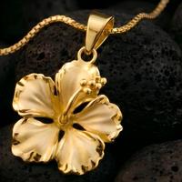 Collier pendentif fleur d'hibiscus en or massif 14 carats DiomandX, véritable collier floral hawaïen en or 14 carats, style tropical