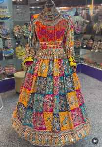 Traditional Afghani Vintage Womens Linen Satin Dress High Slit Ruffles Button <b>Detail</b> Bold Color Unique Embroidery Natural - Product Image 2