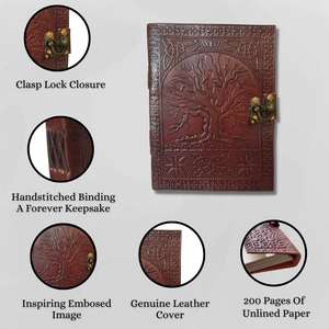 Journal en cuir A3 fait à la main avec gaufrage Arbre de Vie, pages imprimées vintage, fermeture à cadenas antique, journal d'écriture artistique non ligné - Product Image 3