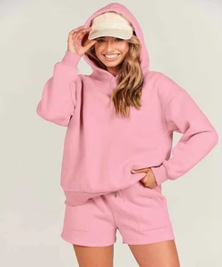 Ensemble deux pièces pour femmes, short à capuche uni au-dessus du genou, coupe décontractée, 100% coton, respirant, vêtements décontractés d'été - Product Image 6