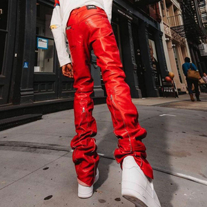 OEM Custom Logo Pu <b>Leather</b> Streetwear High Waist Zipper Pants <b>Flare</b> Sweat <b>Leather</b> <b>Trousers</b> Custom Stacked Faux <b>Leather</b> Pants Men - Product Image 3