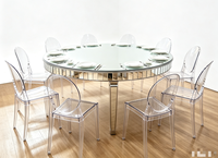 Table à manger ronde moderne en verre avec miroir, 10-12 personnes, avec étagère pour événements, gâteaux de mariage et fêtes