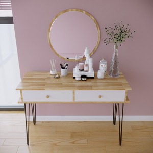 Compact Scandinavian Design Dressing <b>Table</b> with 2 Drawers & <b>Mirror</b> Solid Wood & MDF Chest of Drawers BTD68018 - Product Image 1