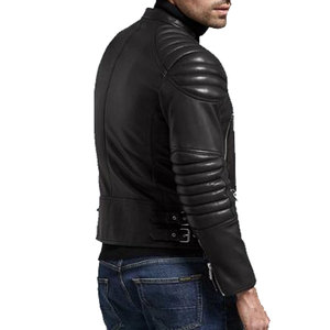 Chaquetas de bombardero ligeras con cremallera y bolsillos, chaquetas de moto con cuello levantado, chaqueta de motorista de mangas acolchadas negras para hombres - Product Image 3