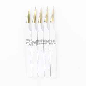 Pinzas para extensiones de pestañas de acero inoxidable personalizadas RMI, pinzas para extensiones de pestañas con punta dorada y agarre de diamante blanco - Product Image 6