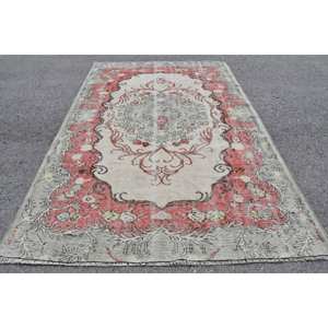 Traditional Red Beige Wool <b>Rug</b> 6.2 X 9.5 ft Vintage Turkish Large Area <b>Boho</b> for Living Room Decorations Patchwork Latex - Product Image 1