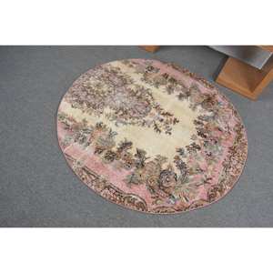 พรม4.9ft สไตล์วินเทจ x 4.9ft ตุรกีพรมสำหรับห้องนั่งเล่นทอแบบแบนสีชมพู & สีเบจวัสดุขนสัตว์มีลวดลายเย็บปะติดด้านหลัง - Product Image 4