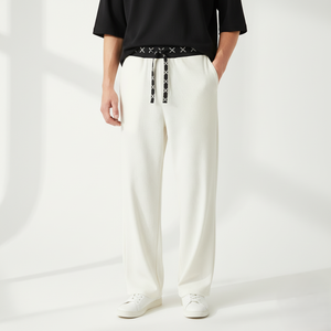 2024 été hommes léger respirant écologique décontracté mi-taille cordon fermeture jambe large peigné tissu 100% pantalon - Product Image 1