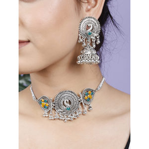GS Peacock <b>Choker</b> with Zircon Yellow Green Flower Print for Party Occasions - Product Image 3