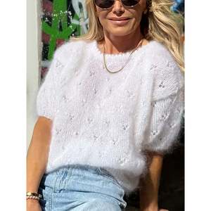 Women's Breathable 100% Acrylic Open-Knit Crew Neck Puff Sleeve Sweater with <b>Bow</b> and Button Details - Product Image 1