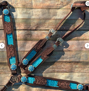 Kaamkaaj Conjunto de Arreos para Caballo de Cuero Genuino Estilo Western con Cierre de Hebilla, Cabezada con Cuentas, Pechopetral y Personalización para Equitación - Product Image 1