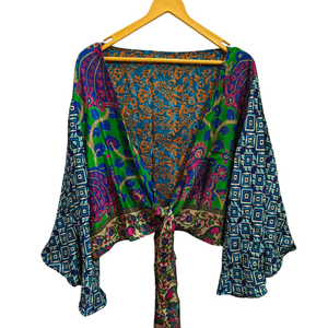 เสื้อไหมอ่อนนุ่มแขนกระดิ่งเสื้อเบลาส์เสื้อเบลาส์เสื้อแจ็คเก็ตเอวลอยลายดอกไม้แบบอินเดียของขวัญสำหรับเสื้อสั้นของเธอ - Product Image 1