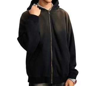 Custom Sun Faded <b>Zip</b> <b>Up</b> <b>Hoodie</b> Fleece <b>Black</b> 450 Gsm French Terry Manufacturer 100% Cotton <b>Hoodie</b> Wholesale Embroidery - Product Image 3