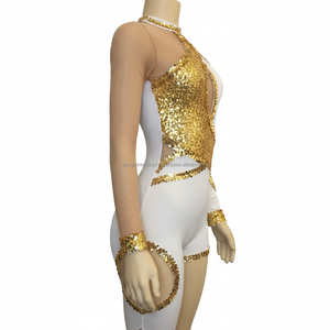 Combinaison de danse asymétrique à une jambe pour femme, blanche et or, à sequins, pour performance, tenue de scène scintillante, costume de danse aérienne - Product Image 4