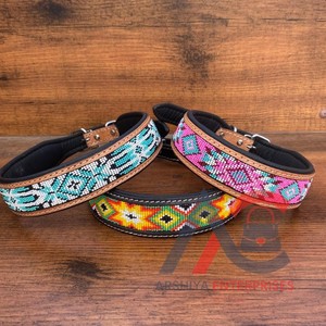 Collier de chien rembourré en cuir taillé à la main à motif occidental Colliers pour animaux de compagnie perlés en cuir véritable Produits en vrac doux et durables - Product Image 1