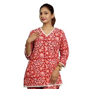Ensemble de pyjama indien fait à la main en pur coton imprimé fleuri pour femmes vêtements de nuit élégants taille XL avec chemise pour la saison estivale - Product Image 2
