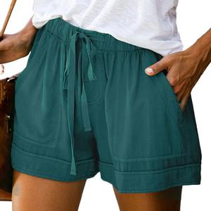 กางเกงกีฬาขาสั้นเอวสูงสำหรับผู้หญิงสีทึบมีเชือกรูดมีกระเป๋าสองกระเป๋าสำหรับฤดูร้อน - Product Image 4