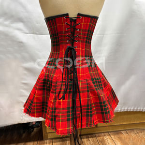 Corsé de acero con varillas, estilo overbust, de tartán rojo, sin tirantes, con falda acampanada - Product Image 4