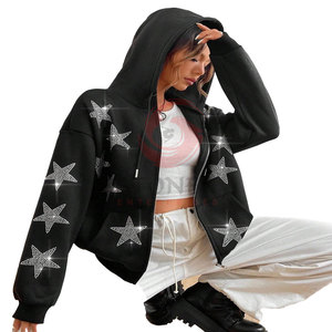 Sudadera con capucha informal con diamantes de imitación para mujer con estampado frontal personalizado OEM, forro polar con cremallera completa de invierno 100% algodón - Product Image 3
