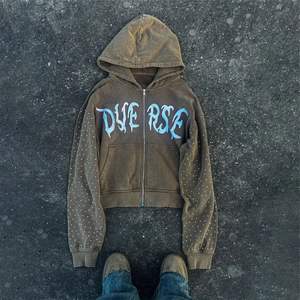 Sudaderas con capucha de algodón para hombre personalizadas, ropa de calle de gran tamaño de 500g/m2, bordado desgastado, diamantes de imitación de peso pesado, sudadera con cremallera completa para hombre - Product Image 1