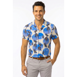 Chemise Hawaïenne Homme Majestic en Viscose Respirante à Motif Palmiers Bleus, Manches Courtes, Douce et Blanche - Product Image 3