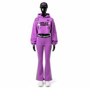 Survêtement en polaire d'hiver pour femmes 300 GSM Coton Poly Doux au toucher Sweat à capuche violet Pantalon à panneaux latéraux Logo imprimé à chaud Survêtements grande taille - Product Image 6