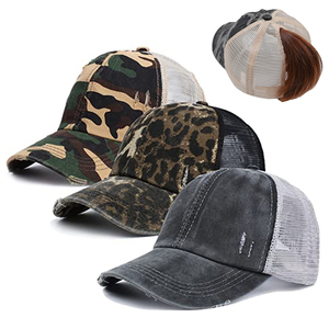 CrissCross Trucker High Hats Gorras Mujeres Algodón Leopardo Pony Tail Sombreros Desgastado Washed Mesh Back Sport Ponytail Gorra de béisbol - Product Image 2