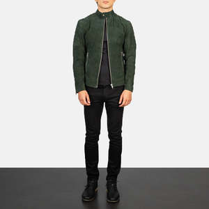 Authentic Green <b>Suede</b> Biker <b>Jacket</b> with Stand Collar & Waterproof Design-XS Size - Product Image 3