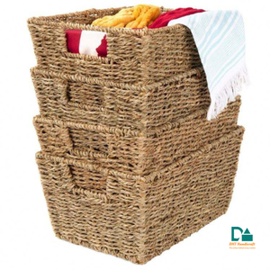 Panier en jonc de mer tissé naturel, artisanat décoratif pour l'organisation de la maison - Product Image 5