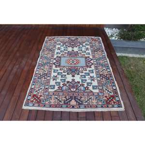 Tapis turc vintage 4x5,7 pieds, tapis oriental bleu en laine - Product Image 1
