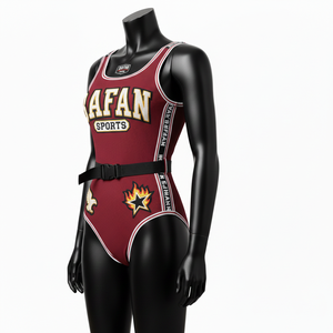 ชุดว่ายน้ำผู้หญิงผ้าโพลีเอสเตอร์ผสมสแปนเด็กซ์คุณภาพพรีเมียม สีแดงเลือดหมู แต่งแถบข้างสีขาว ปักโลโก้ตามสั่ง - Product Image 4