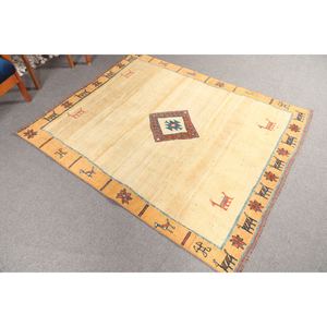 Tapis vintage 4,9x5,9 pieds, tapis turc, jaune géométrique avec motifs animaliers - Product Image 2