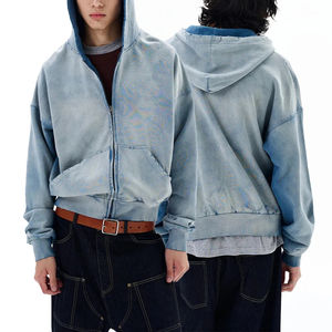 Sweats à capuche zippés pour hommes personnalisés, surdimensionnés, épaules tombantes, délavage acide, effet usé, 100% coton, streetwear décontracté, sweats à capuche zippés pour hommes - Product Image 3