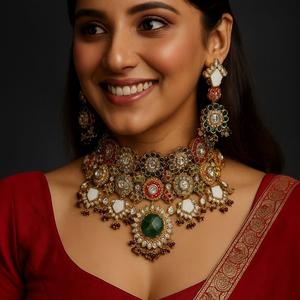 Luxury Best Quality <b>Gold</b> Plated Stones Look Necklace <b>Set</b> With <b>Earrings</b> Function Wedding Party Wear Collection for Women - Product Image 1