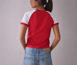 American Retro Spicy Girl Raglan Sleeves Color Blocked Short Sleeves Crop <b>Top</b> Baby Tee Women's T-shirt Short Sleeves Crop <b>Top</b> - Product Image 3