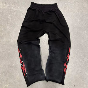 Personalizado nuevo diseño 100% algodón hombres lavado ácido crudo dobladillo rasgado pantalones acampanados pierna recta de gran tamaño pila holgada lavado pantalones de chándal - Product Image 1