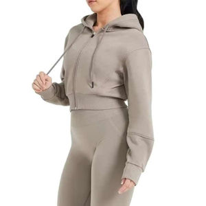 Trajes de chándal recortados de mujer de algodón 100% personalizados al por mayor ropa deportiva con capucha de alta calidad invierno sólido peso pesado 350 gramos - Product Image 3