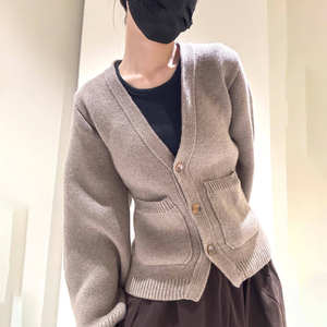 2026 New Winter Casual Solid Color V-Neck High Waist Knitted Cardigan 100% Cotton <b>Covered</b> <b>Button</b> - Product Image 2