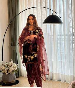 TOP PLAZZO Dupatta en velours uni teint uni avec broderie, taille naturelle, design vintage, silhouette en A, tenue de soirée - Product Image 4