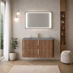 Mobile Bagno Moderno in Legno Massello 100cm con Finitura a Coste Color Tabacco e Lavabo in Resina Grigia - Product Image 2