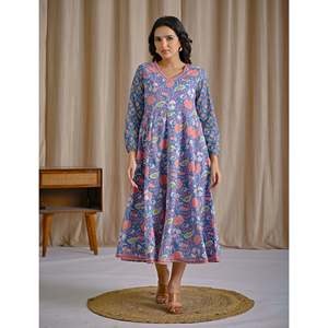 Vestido Anarkali Azul con Estampado de Algodón Hecho a Mano, Estilo Pakistaní, Salwar Saree Indio Hecho de Modal y Georgette - Product Image 3