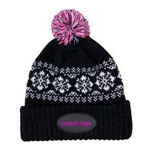 High Quality Jacquard Beanies Fashionable Custom Winter Hats with <b>Pom</b> Woven Badge Fleece Lining - Product Image 6