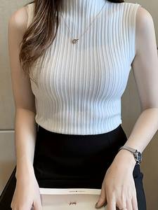 Nouveau élégant confortable femmes Sexy côtelé tricot gilet haut 100% Polyester sans manches col roulé chemise avant Logo personnalisable - Product Image 5