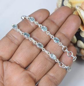 Cut Blue Topaz 925 Sterling Silver Gemstone Adjustable Bracelet November Month Birthstone Gift for Her 10 Stone Jewelry - Product Image 2