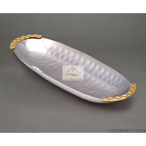 Plateau de service miroir en métal et verre avec cadre plaqué or et poignées design feuilles Plateau en verre élégant en gros - Product Image 6