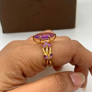 925 Sterling Silver Unique Romantic Design <b>Amethyst</b> Stone <b>Ring</b> <b>Gold</b> Plated Fine Jewelry for Women's Wedding Anniversary Party - Product Image 5