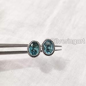 Pendientes de Botón para Mujer, Topacio Azul Natural, Regalo de Navidad o San Valentín, Joyería Hecha a Mano, Plata de Ley 925 - Product Image 2