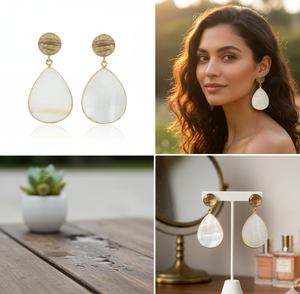 Elegantes pendientes de gota de piedras preciosas Smokey y nácar, joyería hecha a mano chapada en oro de 18 quilates para mujeres y niñas - Product Image 5