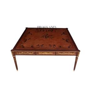 Luxury <b>Square</b> Coffee <b>Table</b> with Intricate Wood Inlays and Brass Detailing for Elegant and Timeless Living Room Decor - Product Image 1