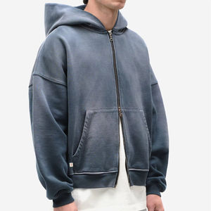 2024 nouveaux hommes mode fermeture éclair Baggy Fit sweat à capuche Logo personnalisé soleil délavé sweat à capuche - Product Image 3